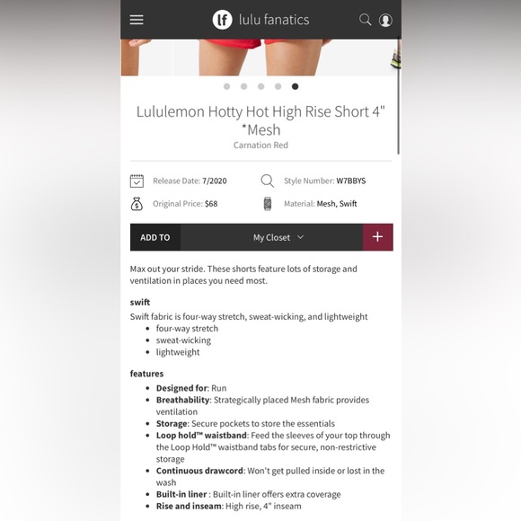 Lululemon Carnation Red Hotty Hot High Rise Short 4" *Mesh Size 8 - Picture 3 of 6